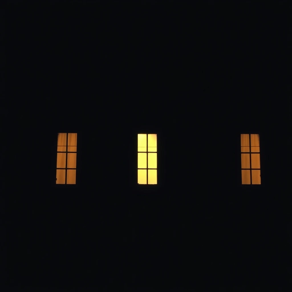 A row of tall narrow windows in a dark stone wall at night, each window lit warm from within, the light full in one window and softening along the row