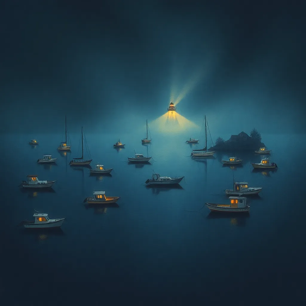 A quiet harbor at night, many small boats with lit cabin windows scattered across dark still water