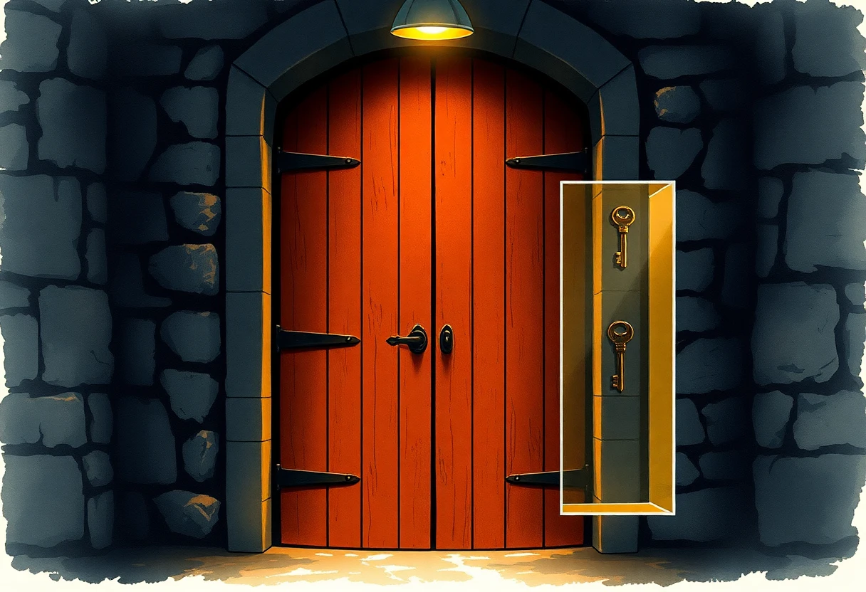 A heavy closed wooden door bound with iron set into a stone wall, lamplit in warm amber from above; beside the door, sealed behind thick clear glass set into the same stone wall, a single iron key — visible, lit, on the wrong side of the glass to be taken