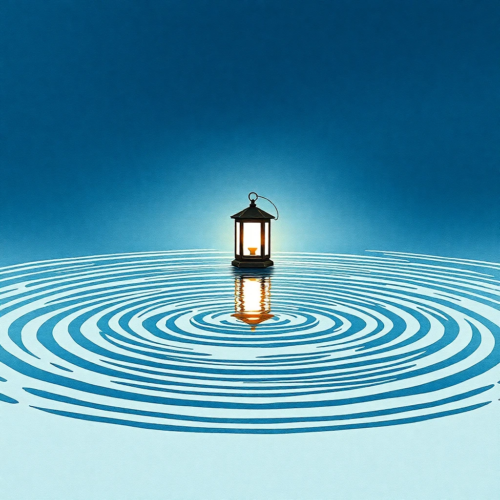 A single glowing lantern floating on perfectly still dark water at night
