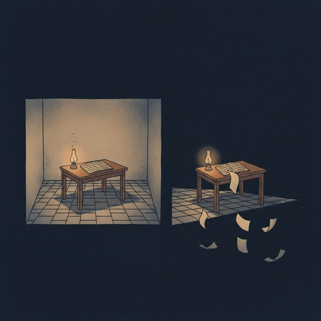 An ink-wash painting at night: a room cut away to show a plain wooden desk lit by a single oil lamp, an open ledger with full orderly pages, stone floor extending to the room's edges; beyond the far wall the floor ends at a clean edge onto starless dark where an identical desk sits on nothing, its lamp guttering, its ledger's pages blank and blowing into the void