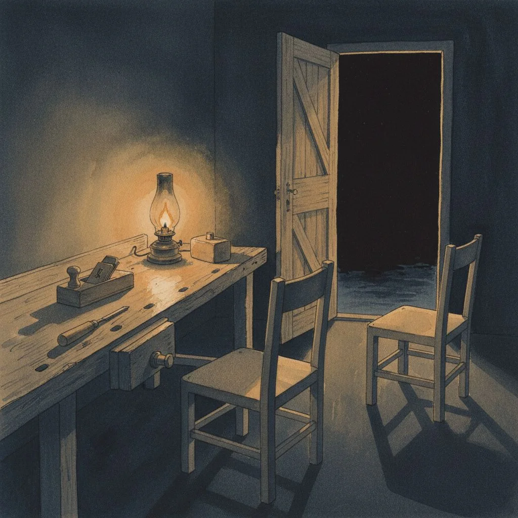 A worn wooden workbench at night under a single warm oil lamp, tools set neatly along its edge, two plain wooden chairs turned slightly toward each other facing the lamp, a door ajar onto deep night at the far edge of the room