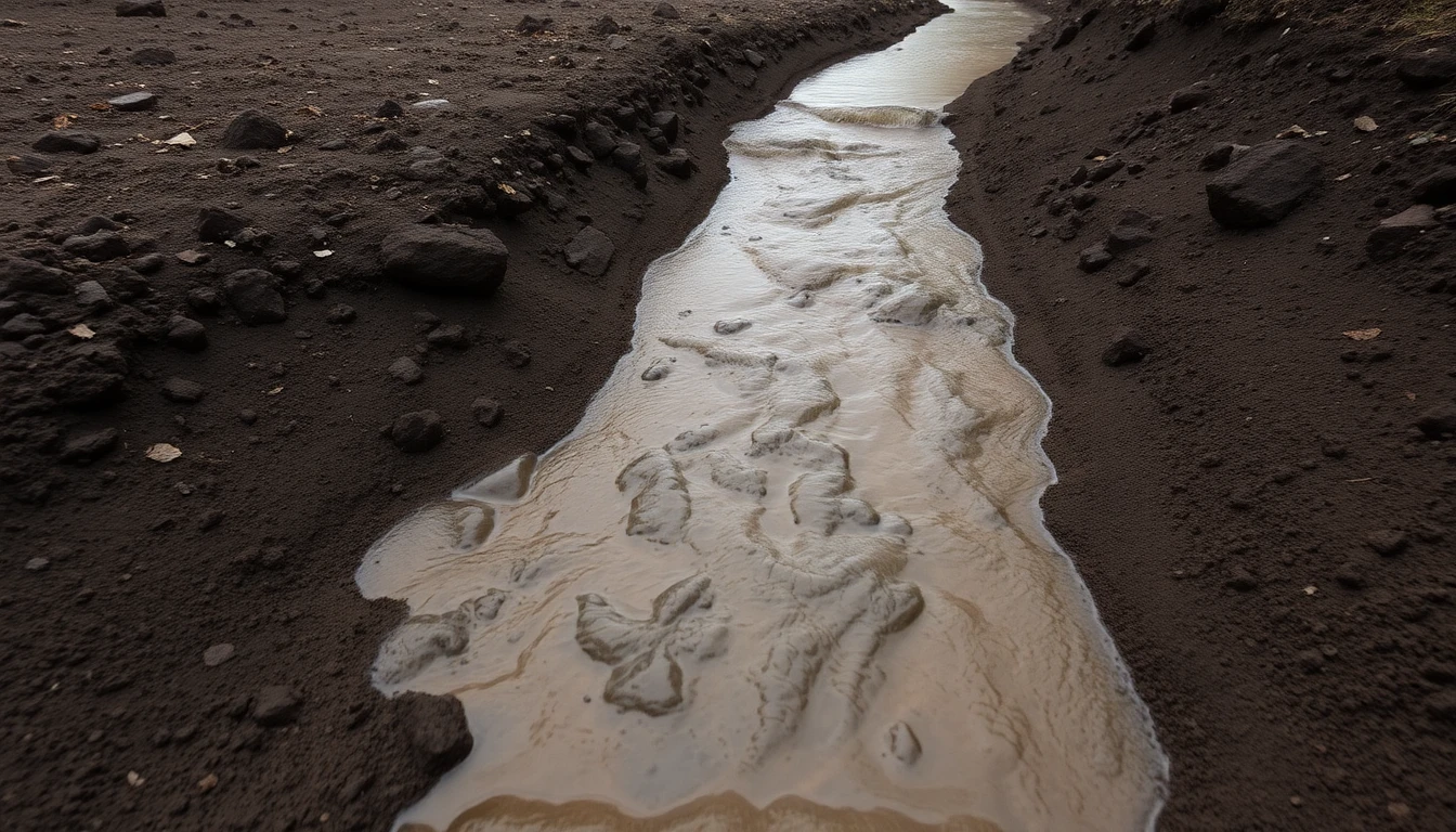A small river cutting its own path through soft dark earth, banks fresh-cut, water stained amber, the channel bending where ground is softest