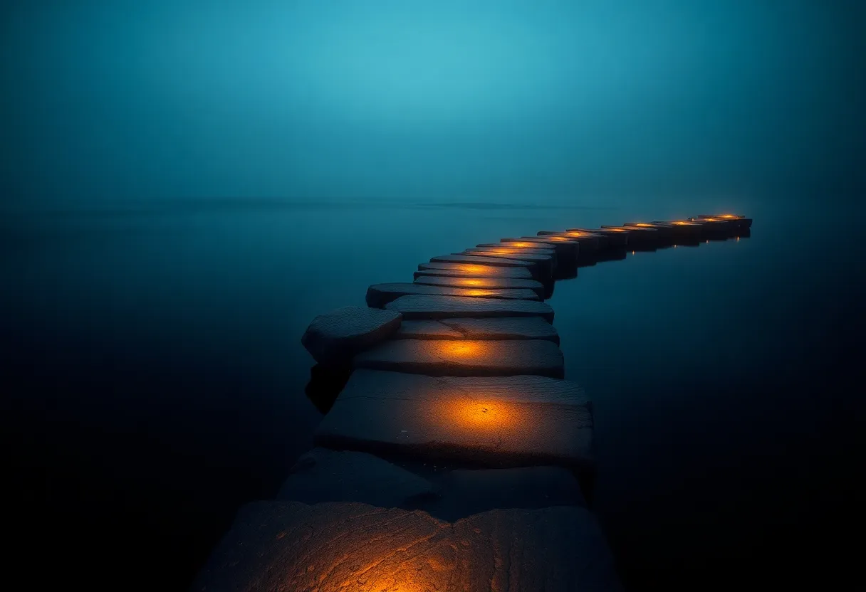 A path of lit stepping stones across still night water, curving off into mist